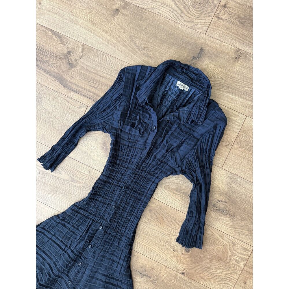 ALQUEMA 1 Scrunch Nehru Smash Navy Blue Button Dress Crinkle Midnight Stretchy - Picture 2 of 8